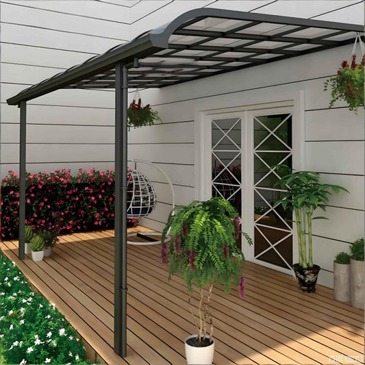 Modern awning over wooden deck patio with plants, by glass doors, Kings Awning outdoor cover