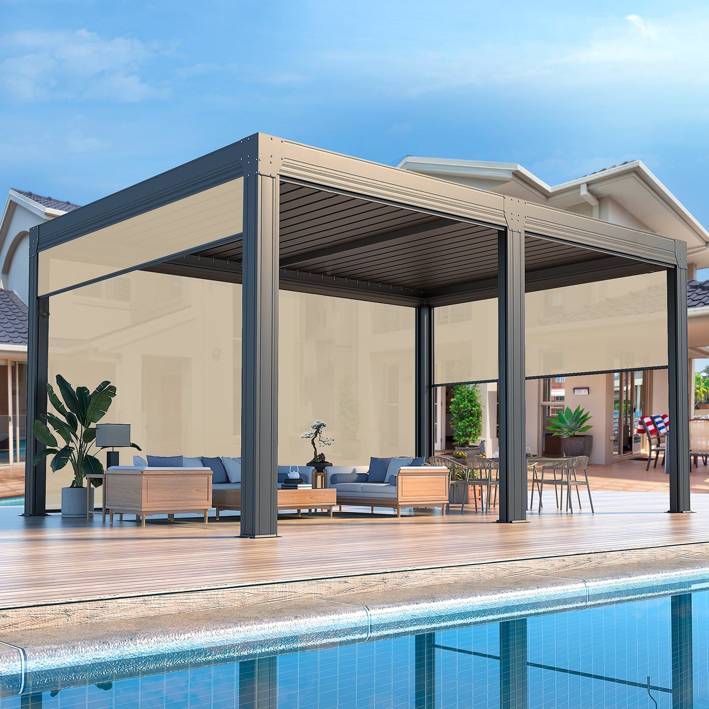 Pergola with Waterproof Roof Panels – Grey 3.6x4.8m(12x16FT)