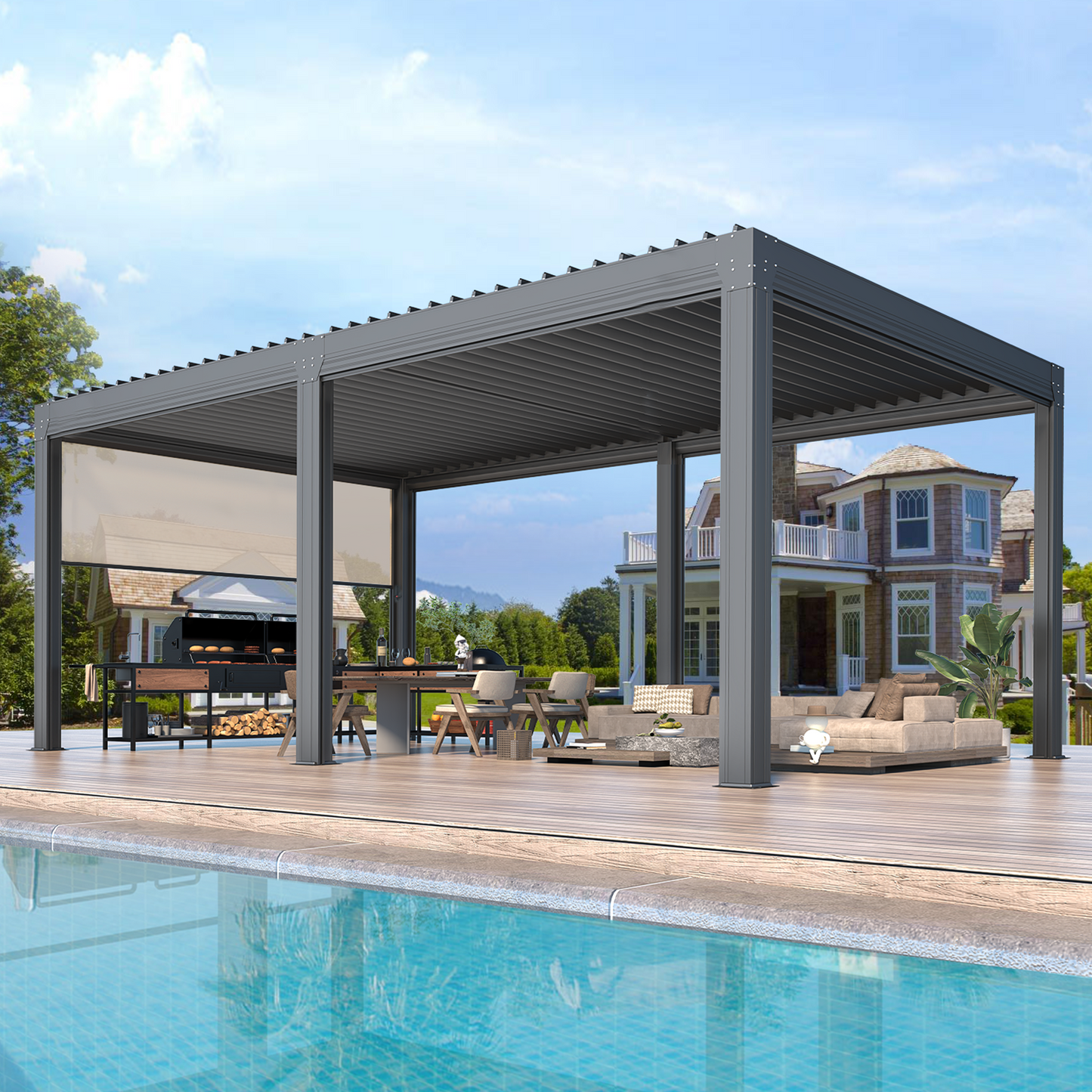 Large Aluminum Pergola with Louvered Canopy – Grey 3.6x6.1m(12x20FT)