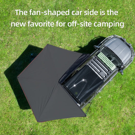 Fan-shaped car awning attached to SUV on grass, ideal for off-site camping in Australia