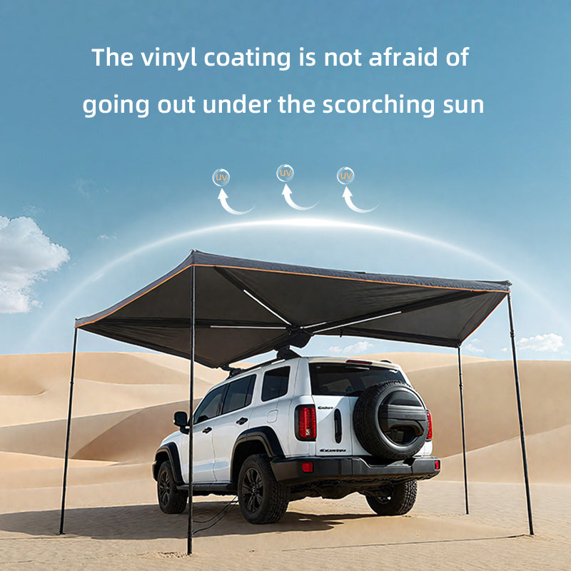 SUV with a vinyl-coated awning providing shade in a sunny desert, Kings Awning outdoor shelter