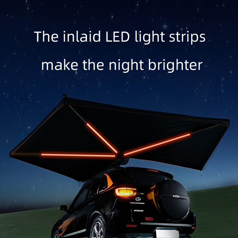 Car awning with LED light strips installed, illuminated at night under starry sky