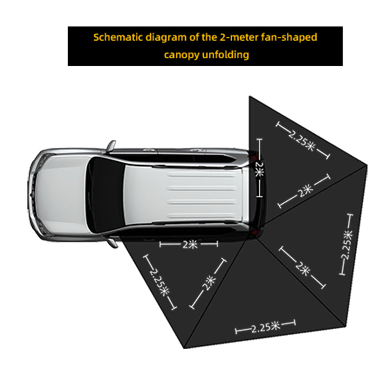 Schematic of 2-meter fan-shaped car canopy for Kings Awning, unfolded beside a parked vehicle.