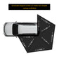 Diagram of a 2.5m fan-shaped car awning canopy unfolded beside a parked vehicle, Kings Awning