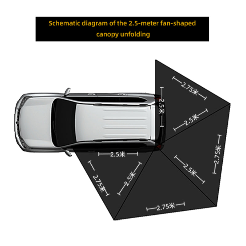 Diagram of a 2.5m fan-shaped car awning canopy unfolded beside a parked vehicle, Kings Awning