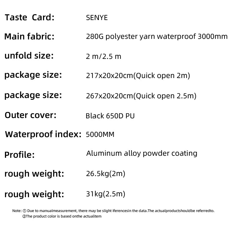 Kings Awning product specs chart detailing sizes, fabric, waterproof rating and weight.