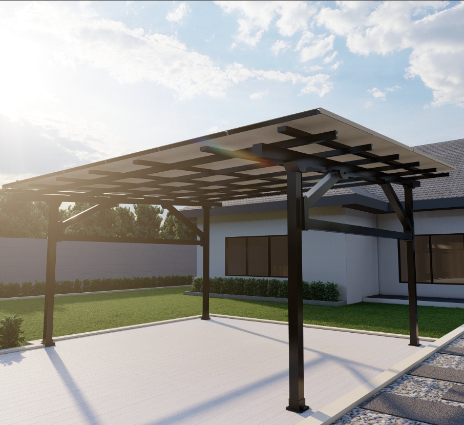 Modern black metal awning over outdoor patio beside a house, Kings Awning product