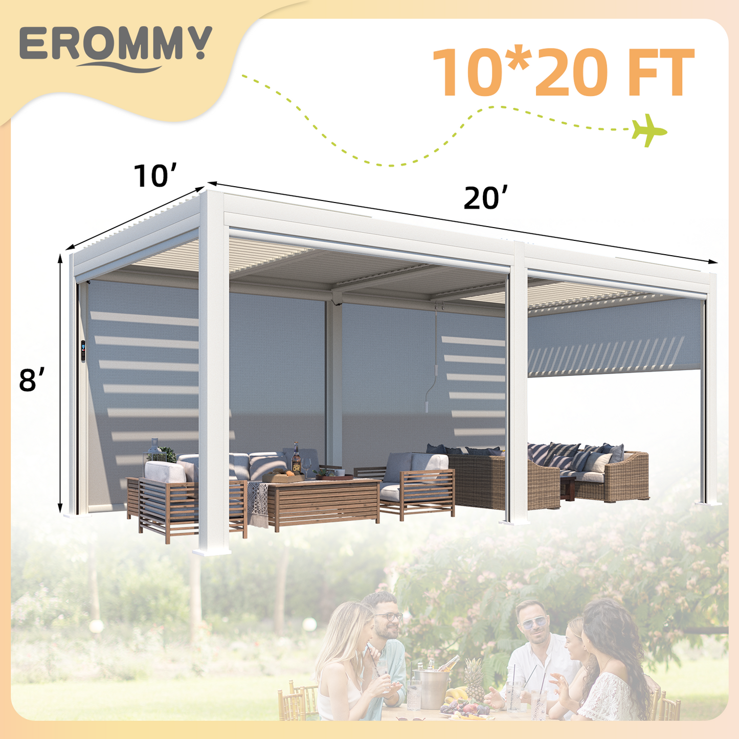 Electric Louvered Pergola with Screen – White 3x6m(10x20FT)