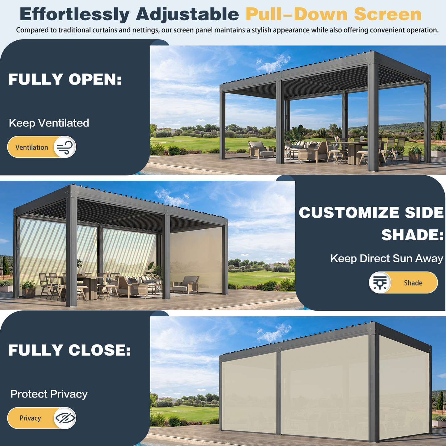 Aluminum Louvered Pergola with Pull-down Screen – Grey 3x6m(10x20FT)