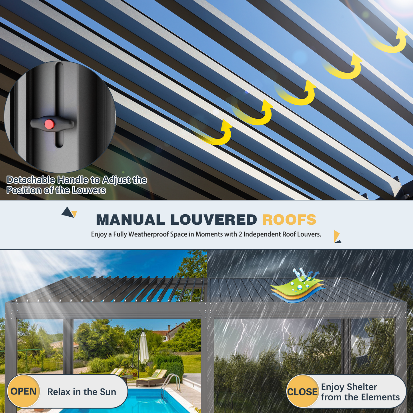 Aluminum Louvered Pergola with Pull-down Screen – Grey 3x6m(10x20FT)