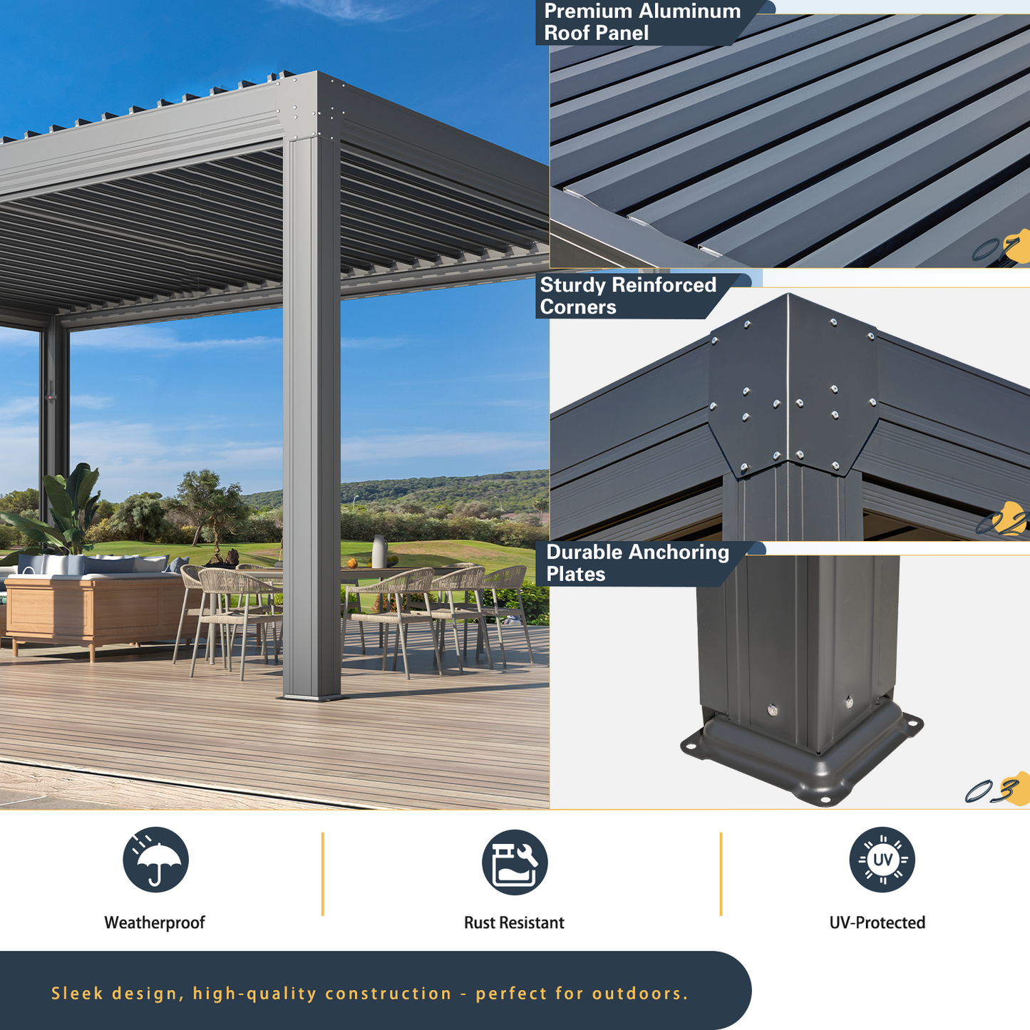 Large Aluminum Pergola with Louvered Canopy – Grey 3.6x6.1m(12x20FT)