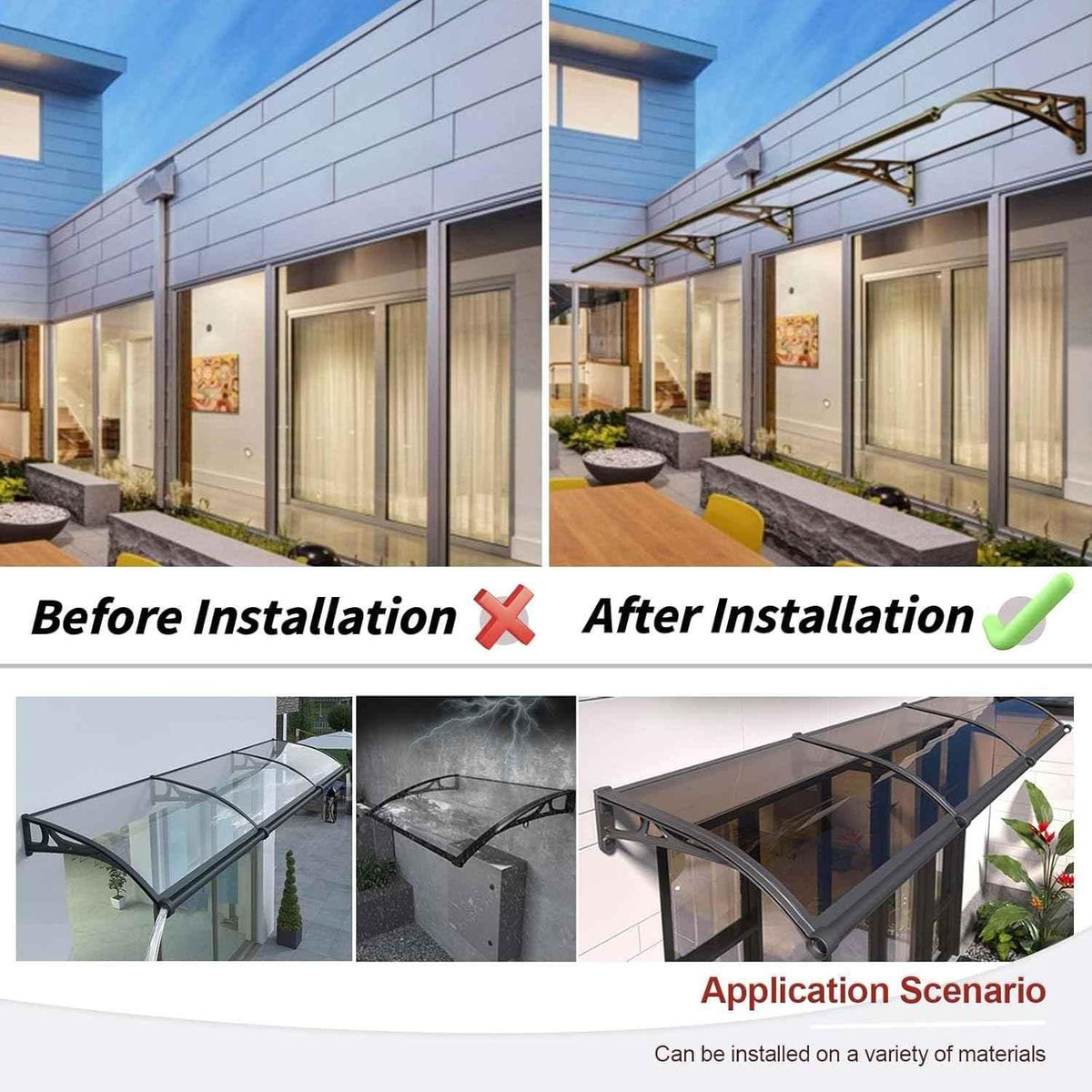 Before and after awning installation on modern home exterior, Kings Awning weatherproof design.