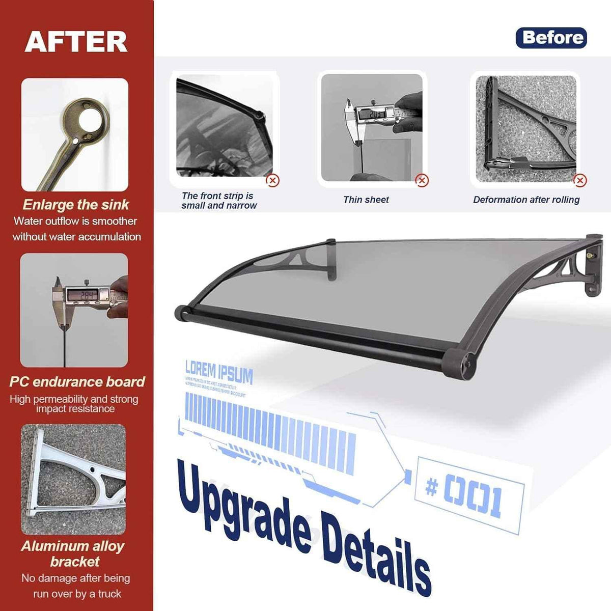 Upgraded Kings Awning with durable polycarbonate panel, aluminum bracket, and water drainage features, suited for Australian weather.