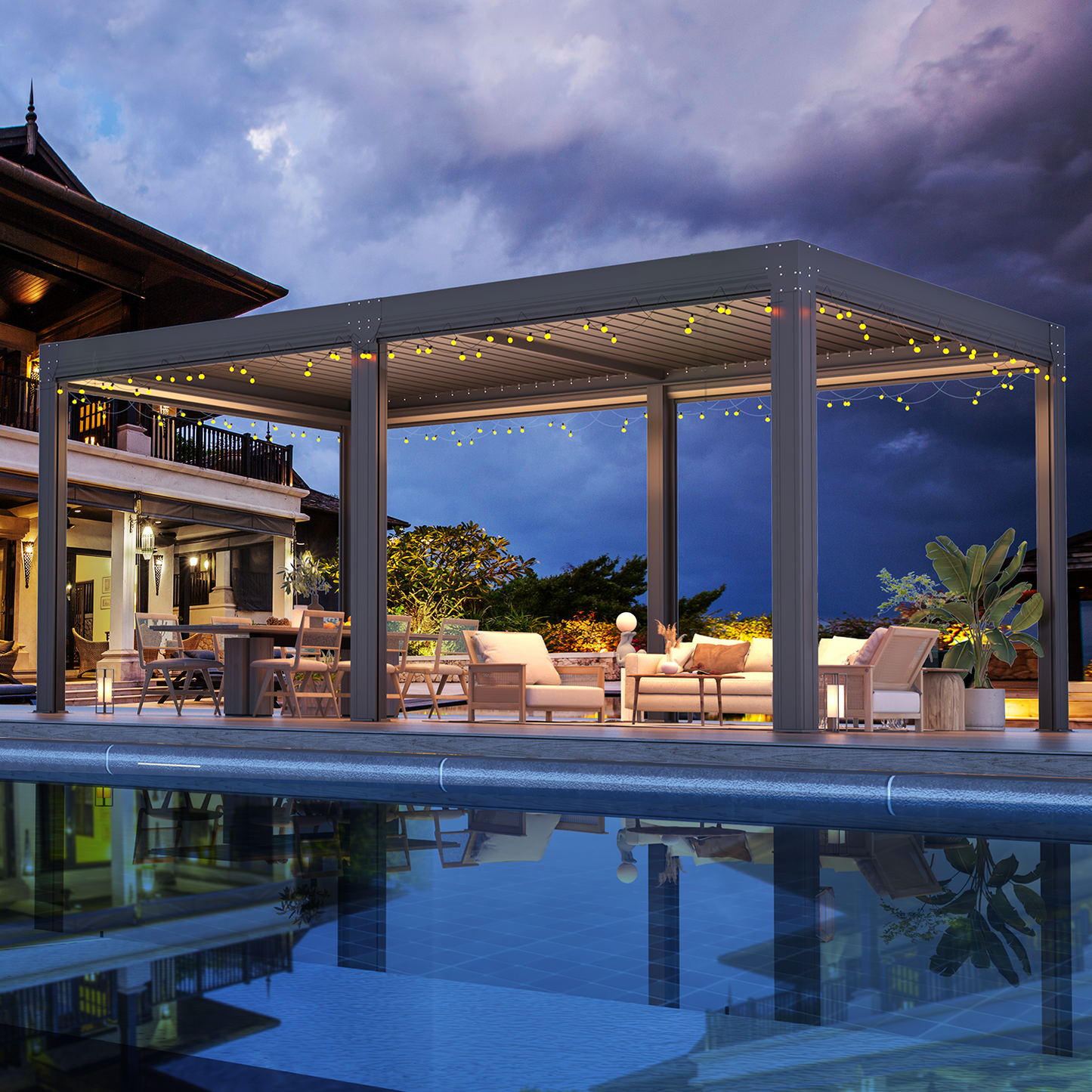 Aluminum Louvered Pergola with Pull-down Screen – Grey 3x6m(10x20FT)