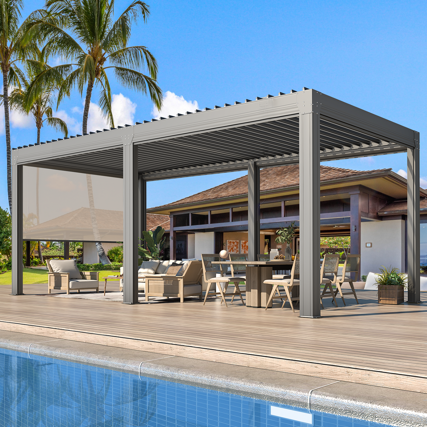 Aluminum Louvered Pergola with Pull-down Screen – Grey 3x6m(10x20FT)