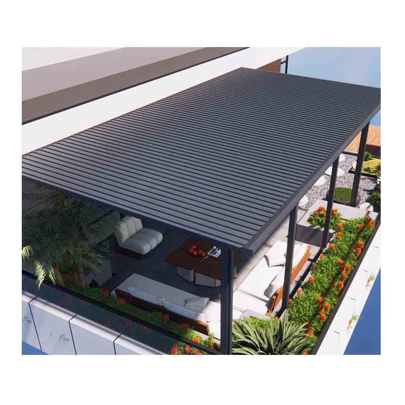 Modern black louvered awning patio cover by Kings Awning, shading stylish outdoor lounge area.