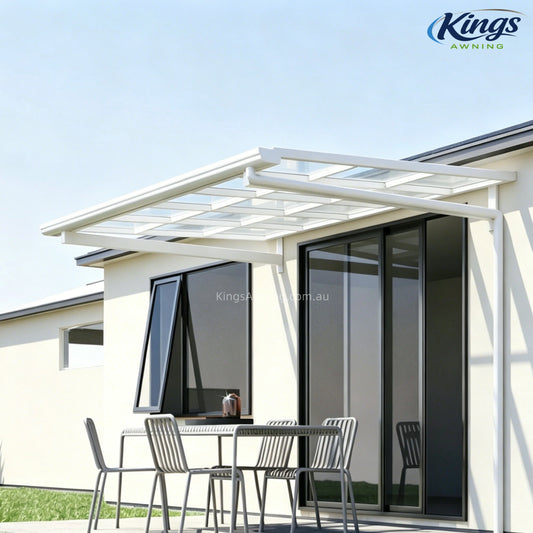 White L-shape awning over modern house exterior