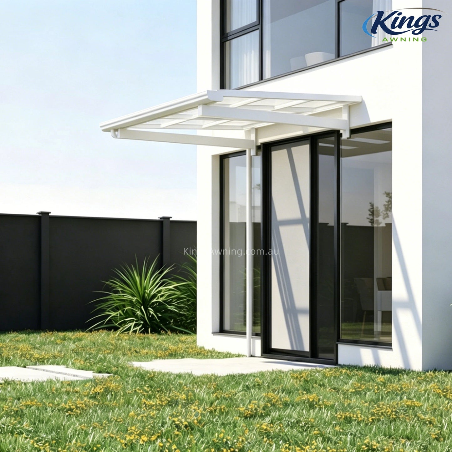 White awning extending from house with wooden facade