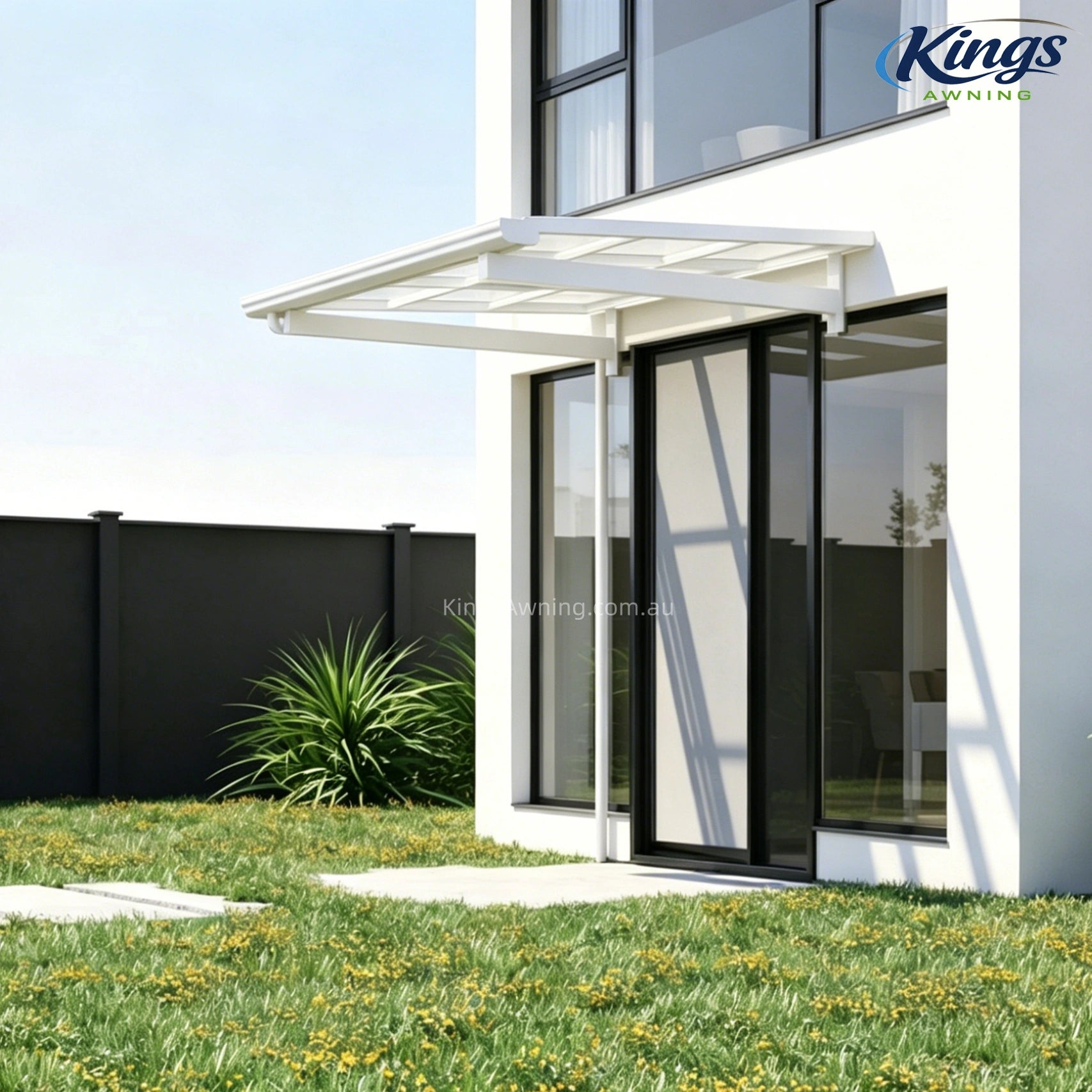 White awning extending from house with wooden facade