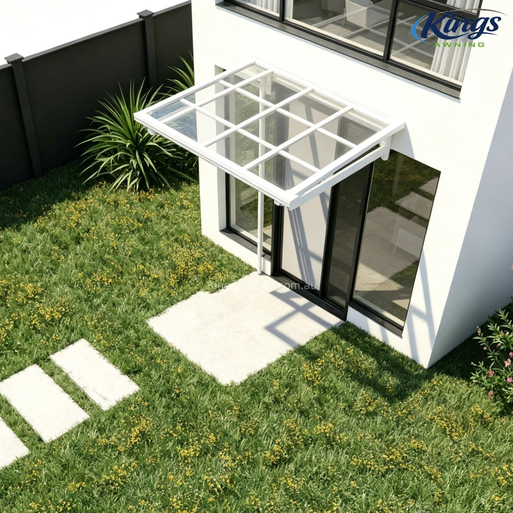 White awning over patio with sliding glass doors