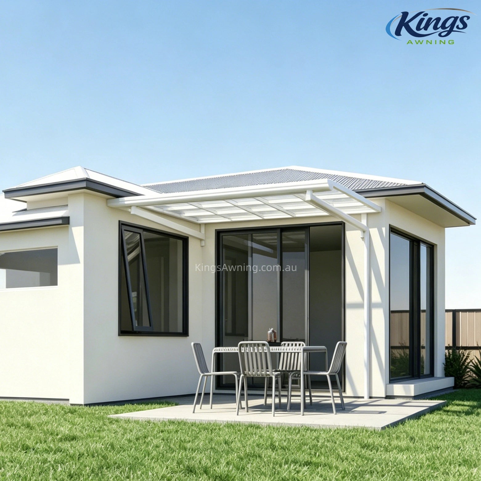 White L-Shape awning over modern house patio