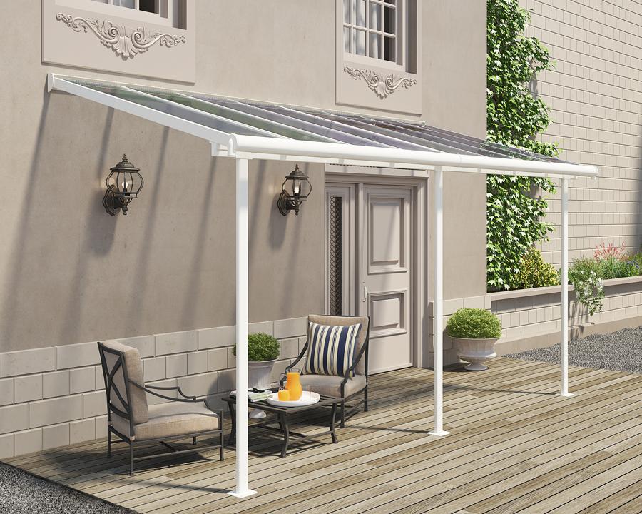 White patio cover with clear roof over outdoor seating on timber decking, Kings Awning Australia