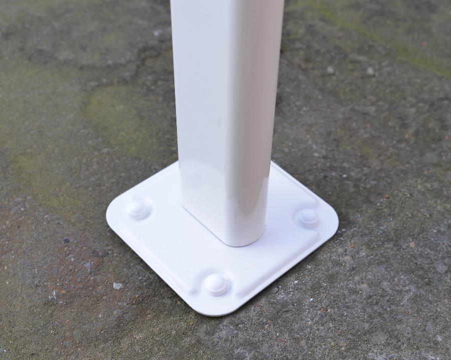 Sturdy white patio cover post securely anchored to concrete, Kings Awning outdoor structure