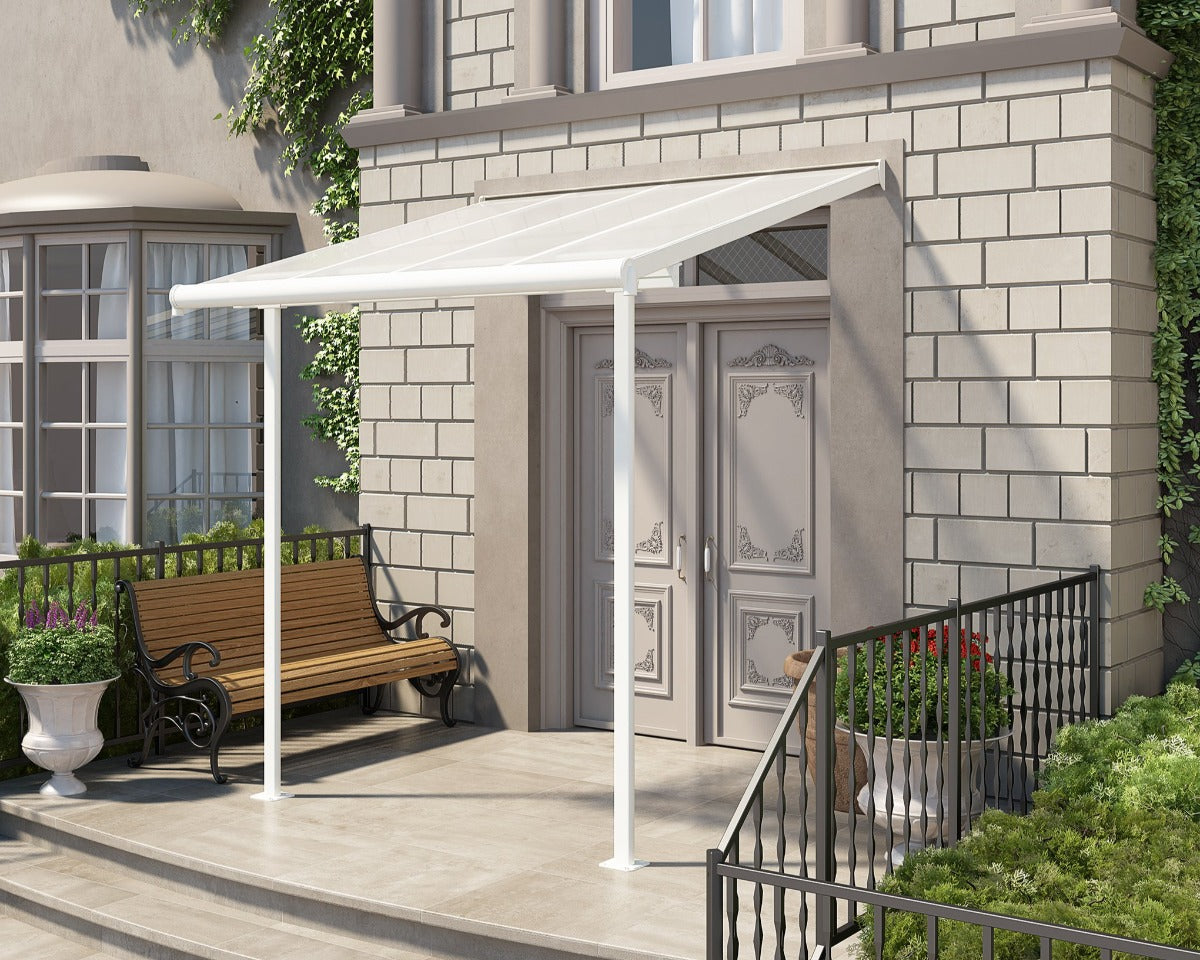 Modern patio cover awning in white at elegant home entry, Kings Awning outdoor solution.