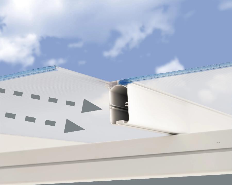 Sliding white patio cover panels with clear roofing, sky background, Kings Awning outdoor solution