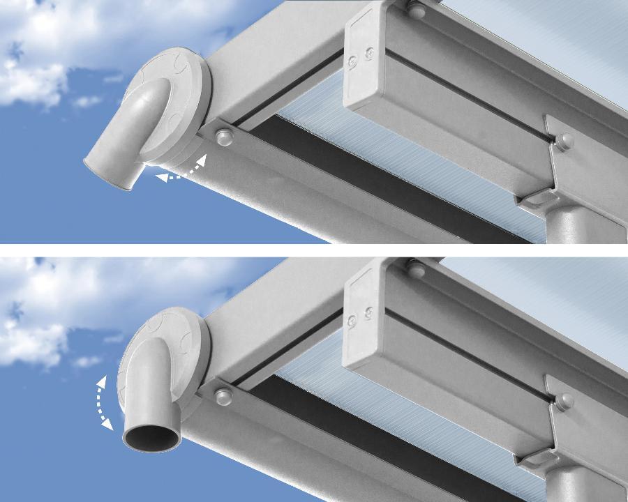 Adjustable gutter system on Kings Awning patio cover under blue sky