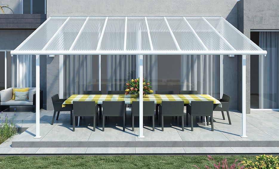 Modern aluminium patio awning with clear roof over outdoor dining area at contemporary home