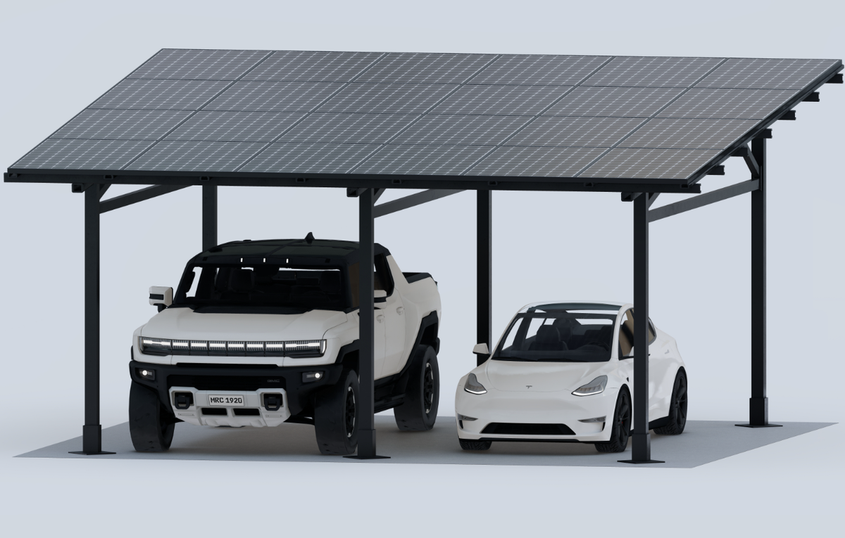 Modern double carport with solar panel roof sheltering two white vehicles, Kings Awning product